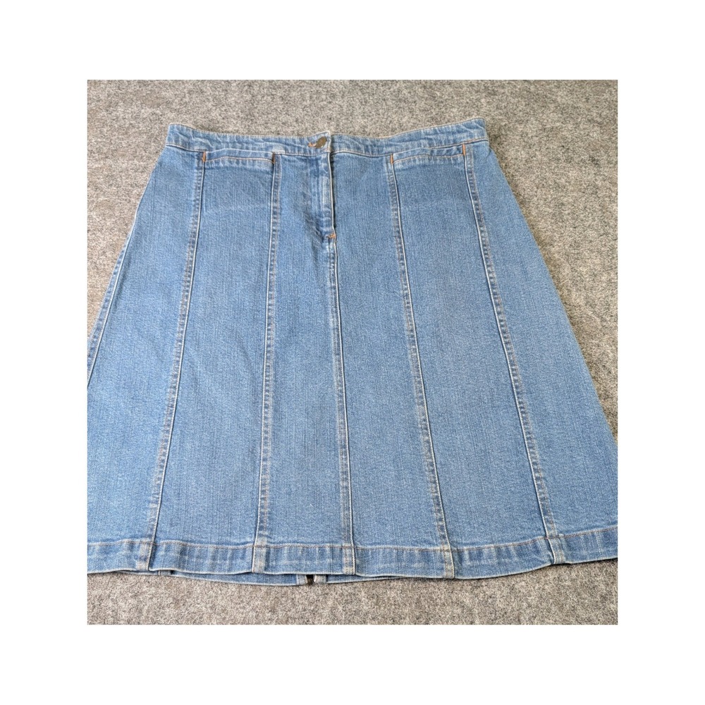 Jones Sport Blue Denim A-Line Midi Skirt Size 10 Stretch Paneled Medium Wash EUC